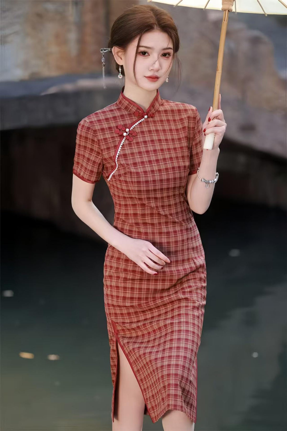 Women's Green Elegant Qipao Cheongsam Dress – Linen Short Sleeve – additional product view
