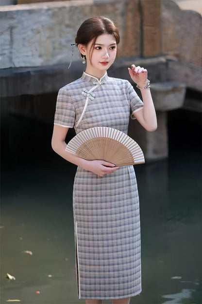 Women's Green Elegant Qipao Cheongsam Dress – Linen Short Sleeve – additional product view