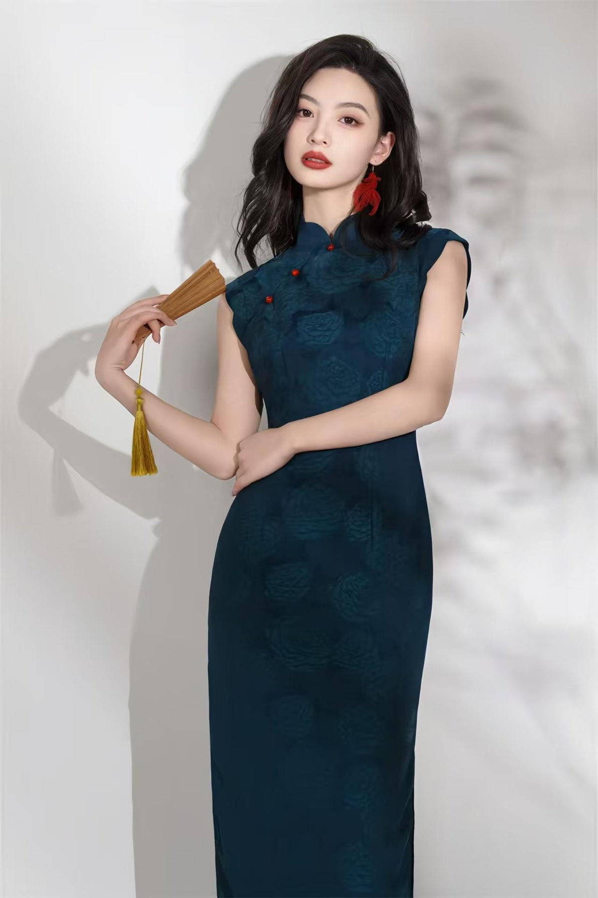 Women's Blue Jacquard Qipao Cheongsam Dress – Sleeveless Long – additional product view