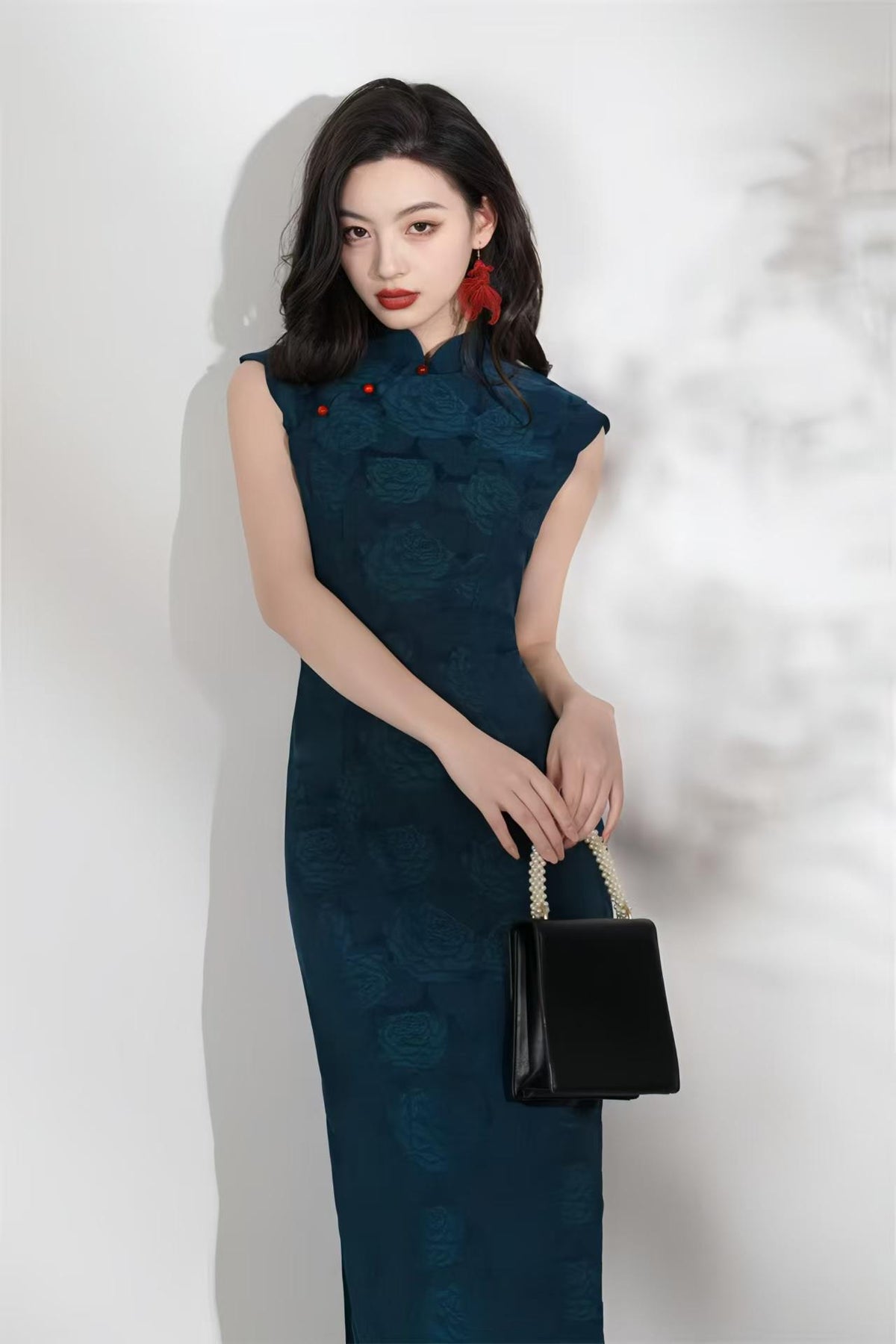 Women's Blue Jacquard Qipao Cheongsam Dress – Sleeveless Long – additional product view