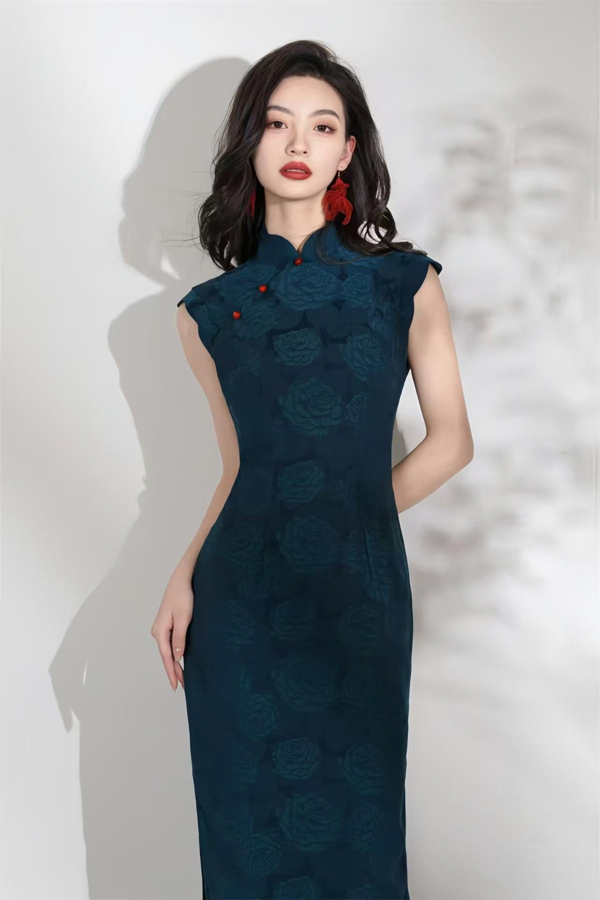 Women's Blue Jacquard Qipao Cheongsam Dress – Sleeveless Long