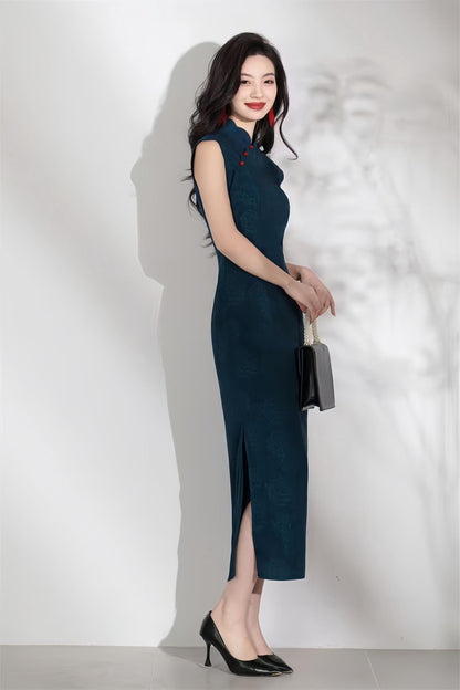 Women's Blue Jacquard Qipao Cheongsam Dress – Sleeveless Long – additional product view