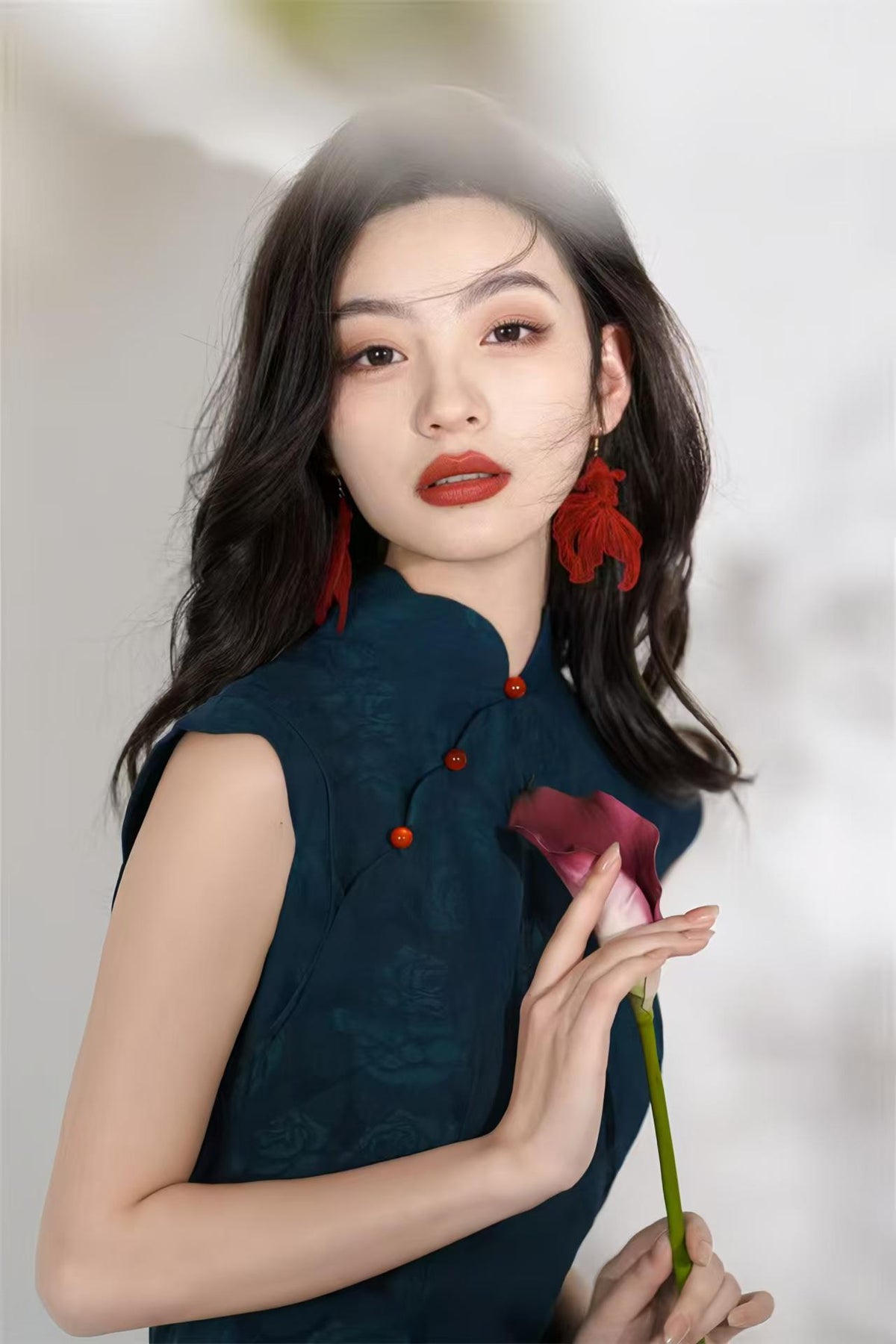 Women's Blue Jacquard Qipao Cheongsam Dress – Sleeveless Long – additional product view