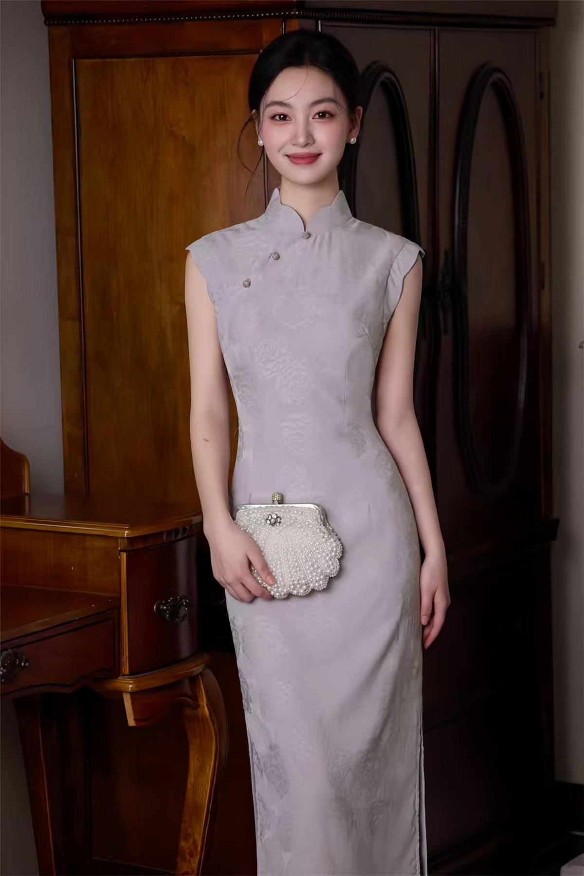Women's Pink Jacquard Qipao Cheongsam Dress – Printed Sleeveless Long – additional product view