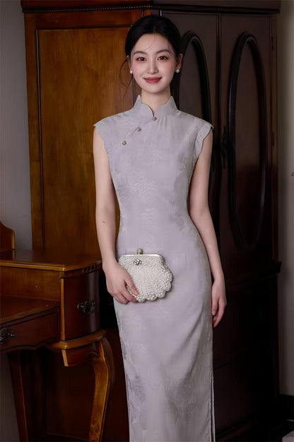 Women's Pink Jacquard Qipao Cheongsam Dress – Printed Sleeveless Long – additional product view