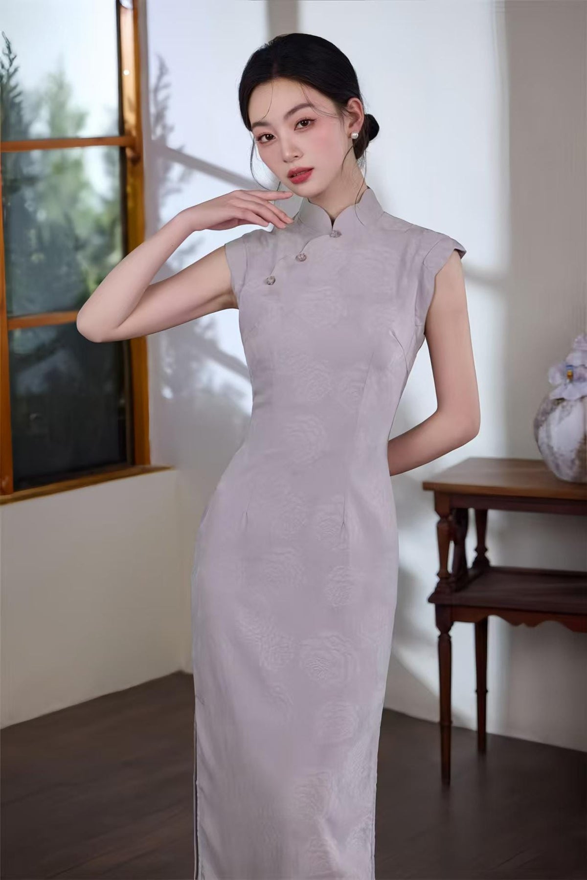 Women's Pink Jacquard Qipao Cheongsam Dress – Printed Sleeveless Long – additional product view