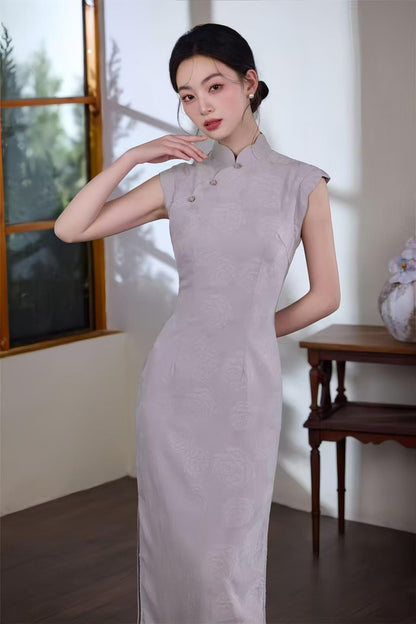 Women's Pink Jacquard Qipao Cheongsam Dress – Printed Sleeveless Long – additional product view