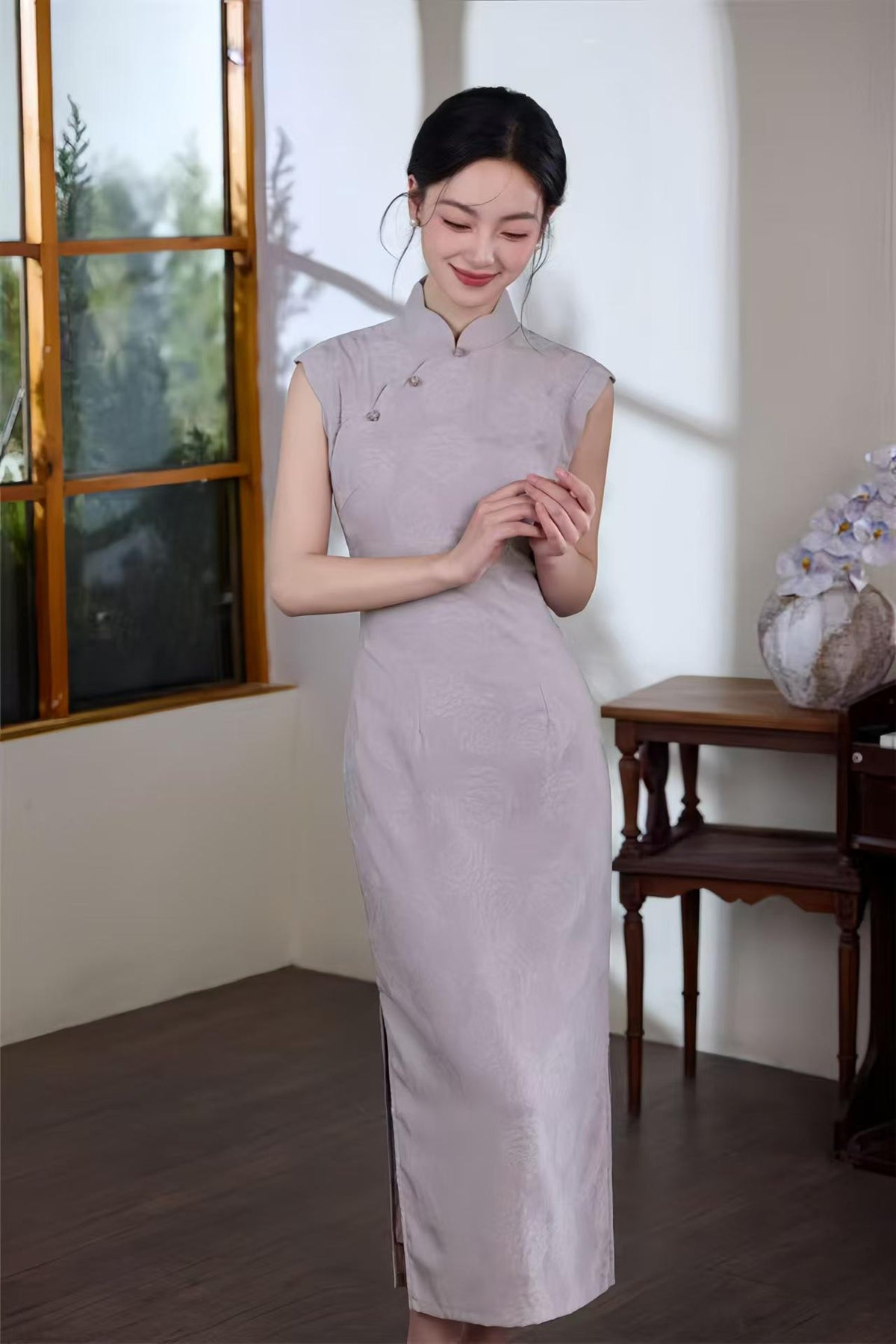 Women's Pink Jacquard Qipao Cheongsam Dress – Printed Sleeveless Long – additional product view