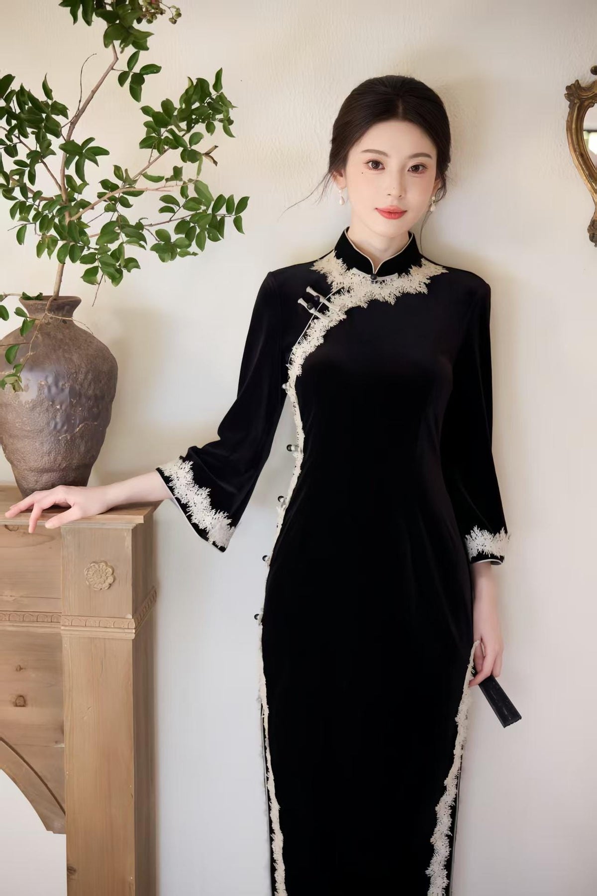 Women's Vintage Lace Qipao Cheongsam Dress – Colorblock – additional product view