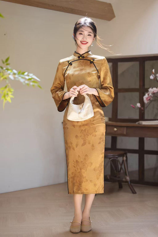 Women's Gold Vintage Velvet Qipao Cheongsam Dress
