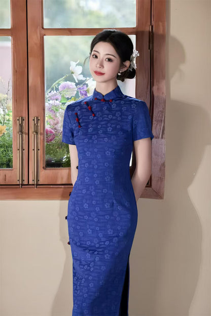 Women's Blue Jacquard Qipao Cheongsam Dress – Printed – additional product view