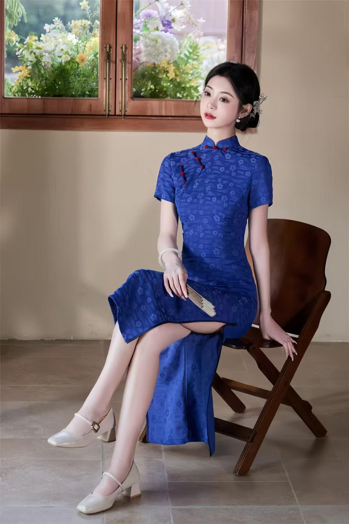 Women's Blue Jacquard Qipao Cheongsam Dress – Printed – additional product view