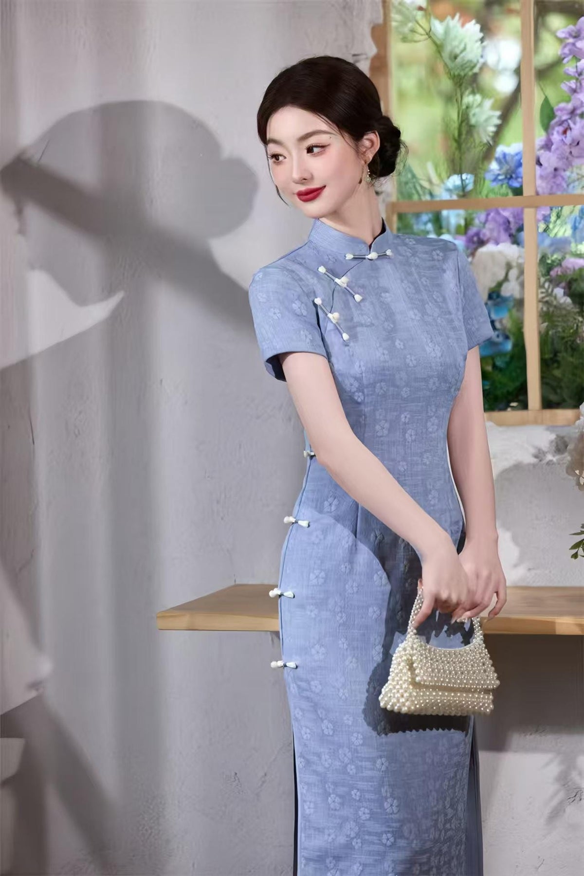 Women's Blue Jacquard Qipao Cheongsam Dress – Printed – additional product view