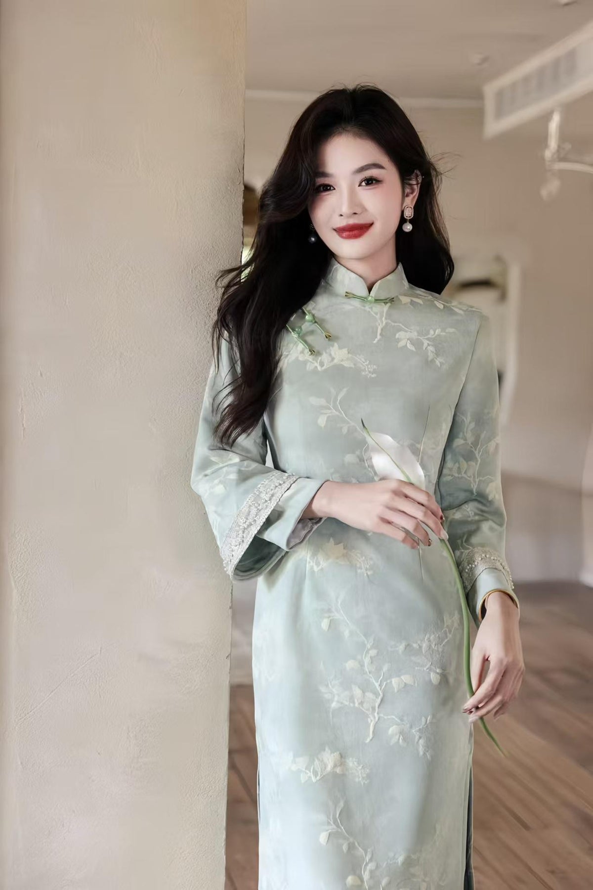 Women's Floral Qipao Cheongsam Dress – Velvet Long Sleeve Long – additional product view