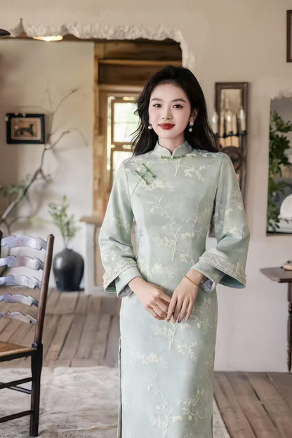 Women's Floral Qipao Cheongsam Dress – Velvet Long Sleeve Long – additional product view