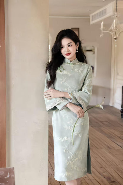 Women's Floral Qipao Cheongsam Dress – Velvet Long Sleeve Long – additional product view