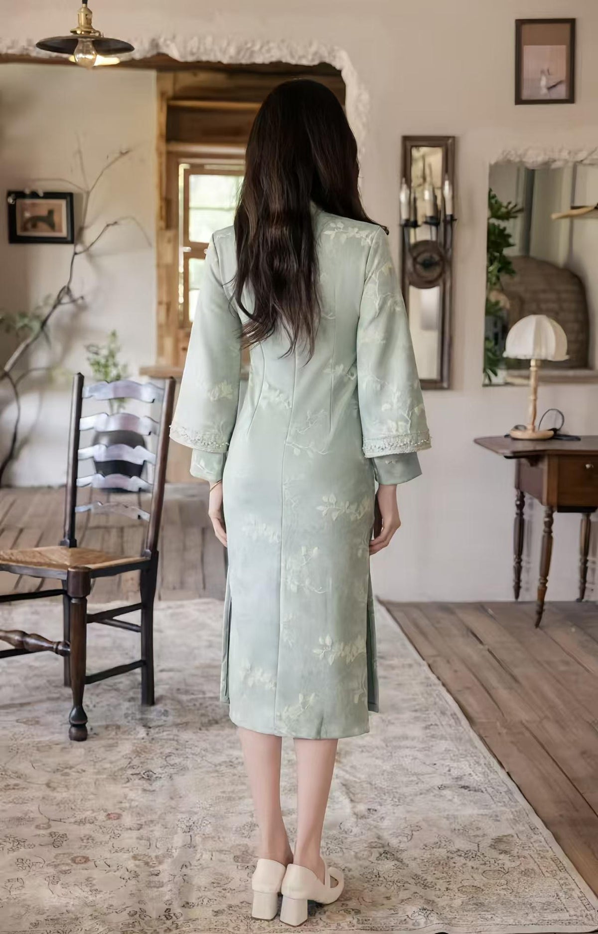 Women's Floral Qipao Cheongsam Dress – Velvet Long Sleeve Long – additional product view