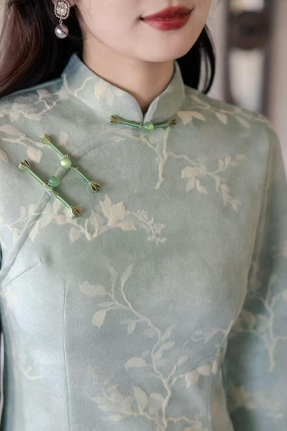 Women's Floral Qipao Cheongsam Dress – Velvet Long Sleeve Long – additional product view
