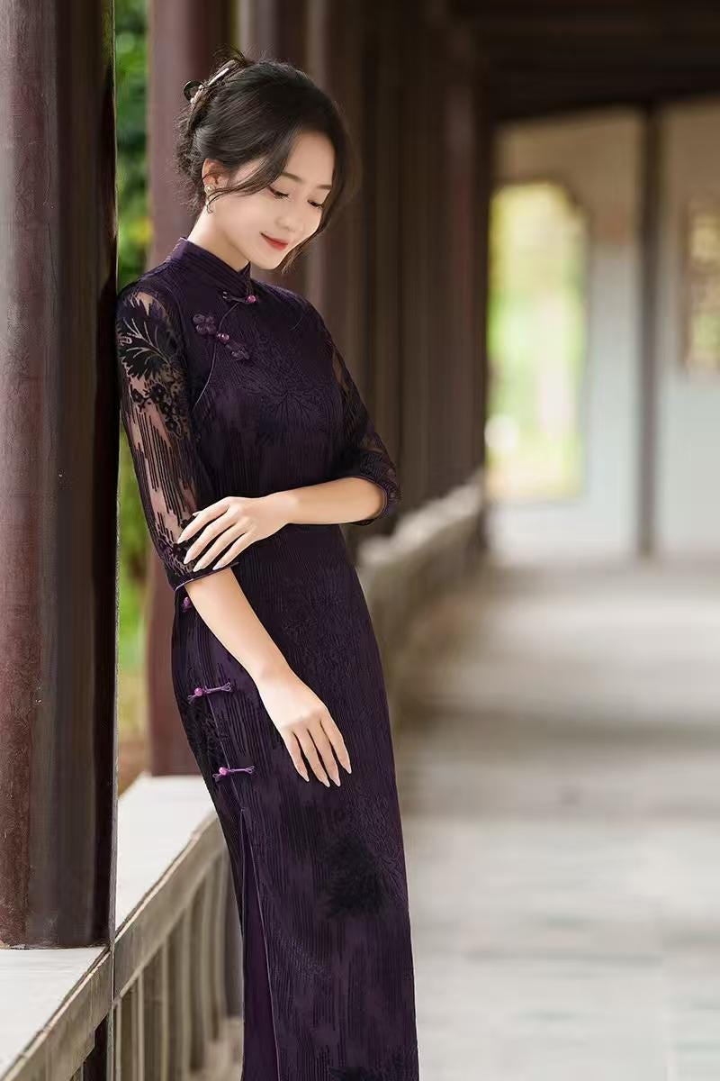 Women's Floral Velvet Qipao Cheongsam Dress – additional product view