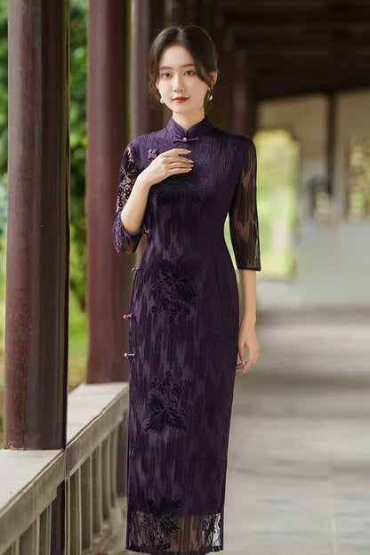 Women's Floral Velvet Qipao Cheongsam Dress – additional product view