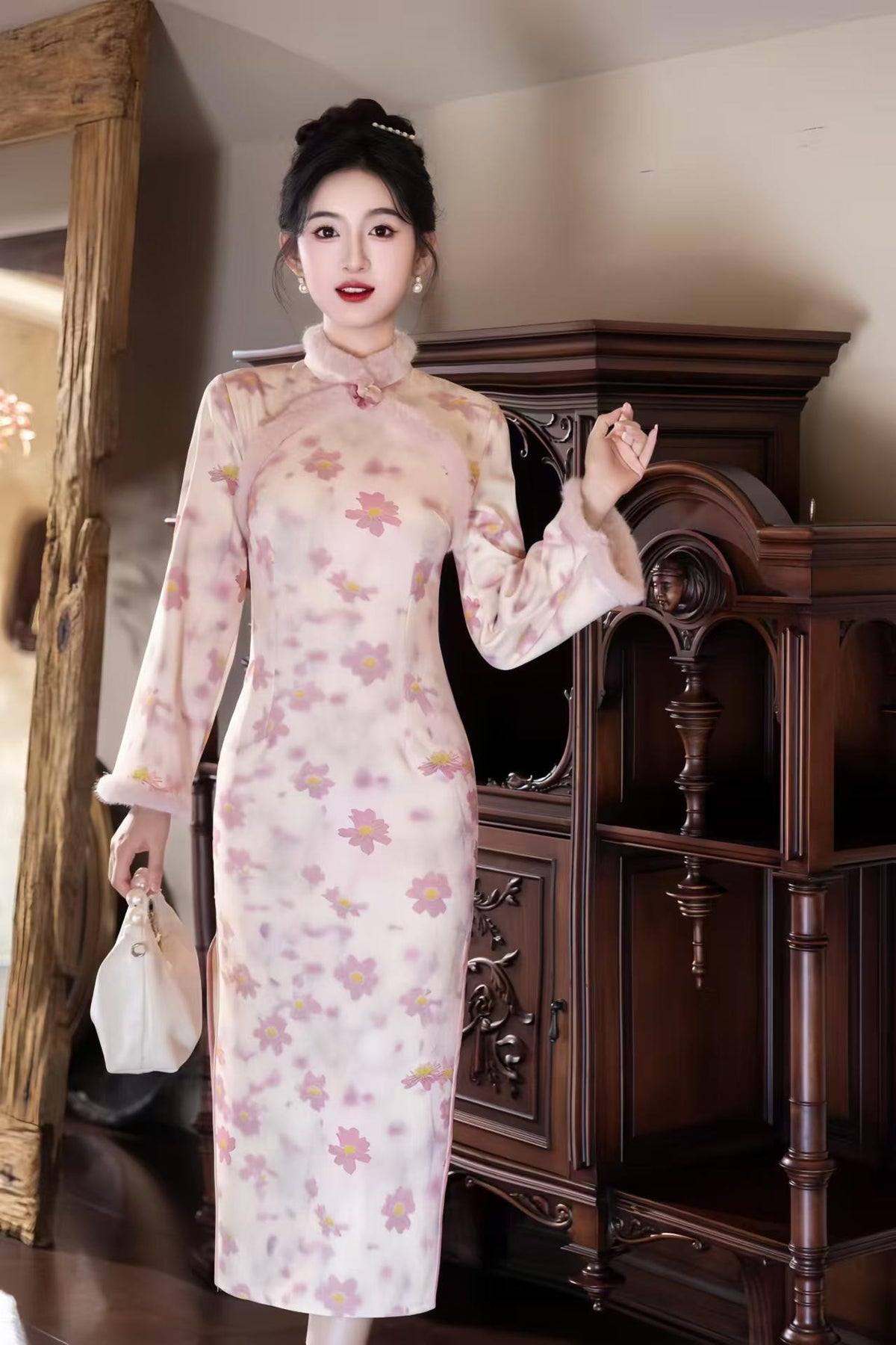 Women's Floral Qipao Cheongsam Dress – Jacquard Winter – additional product view