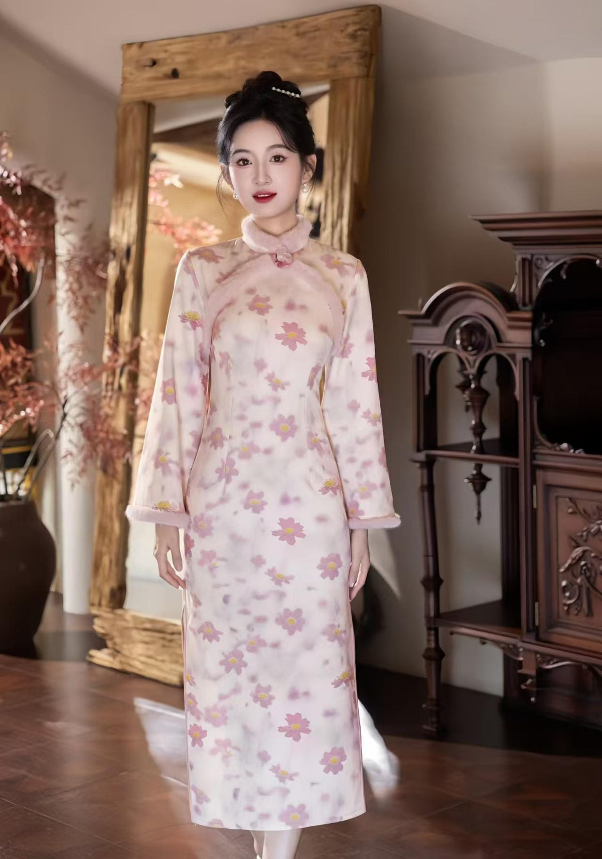 Women's Floral Qipao Cheongsam Dress – Jacquard Winter – additional product view