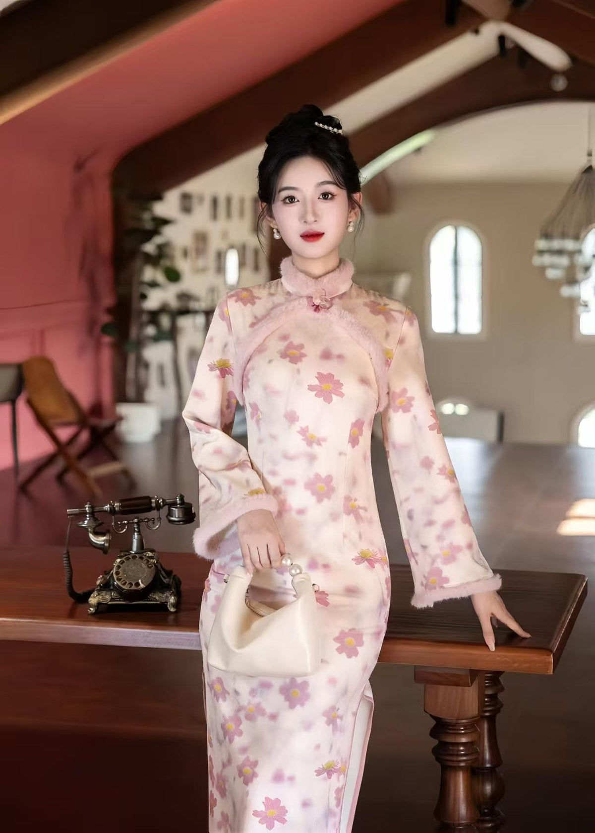 Women's Floral Qipao Cheongsam Dress – Jacquard Winter – additional product view