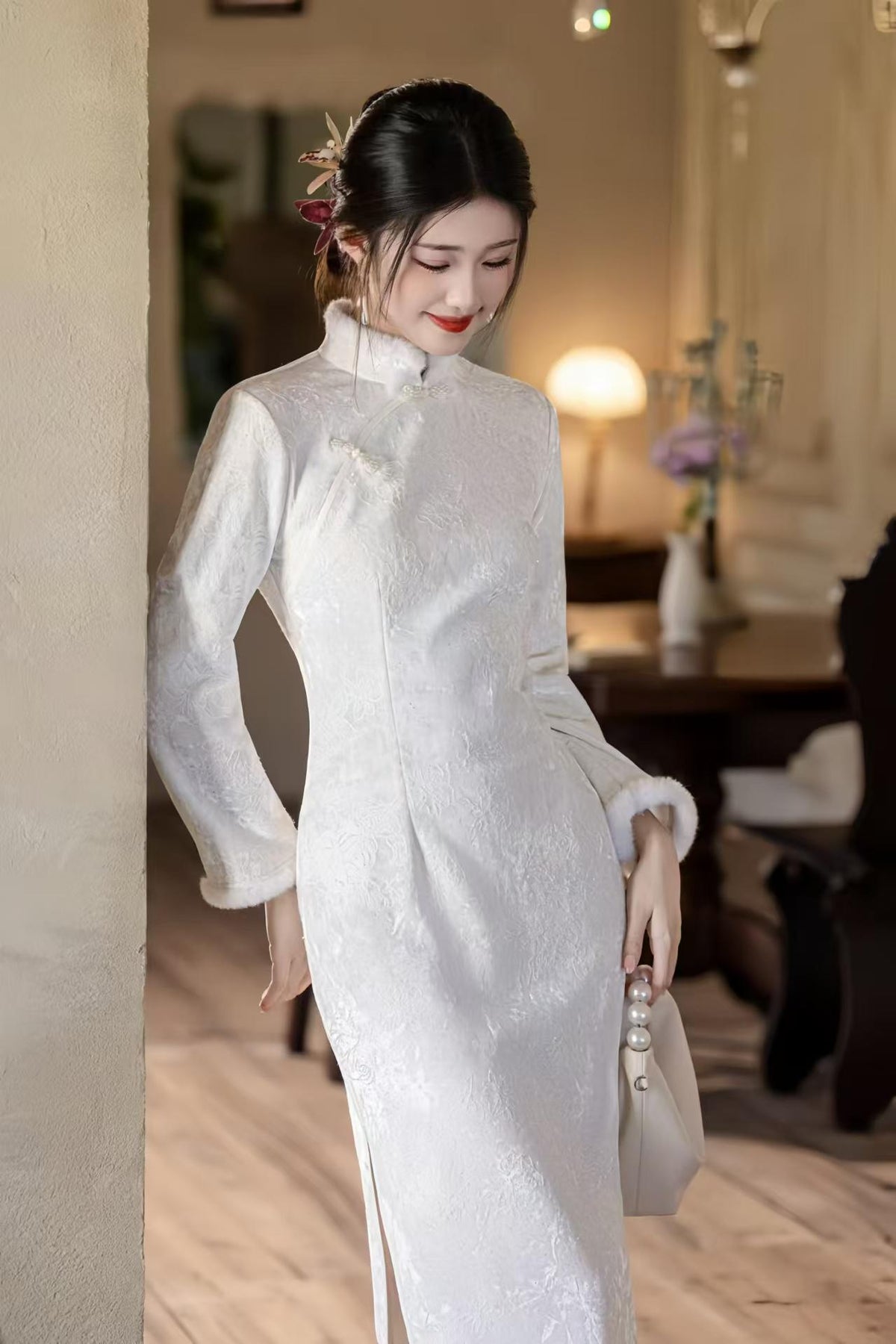 Women's Floral Qipao Cheongsam Dress – Gold Jacquard – additional product view