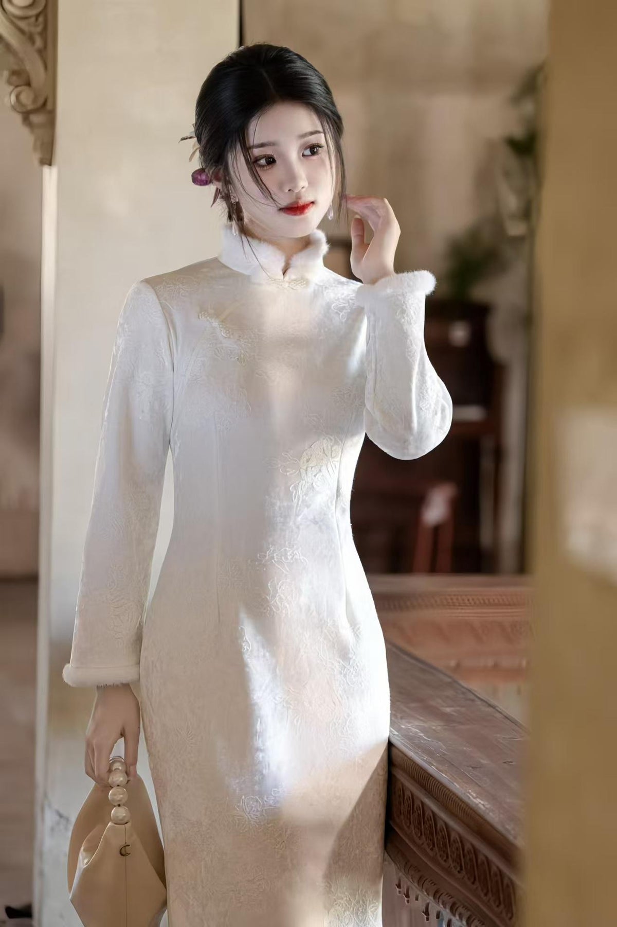 Women's Floral Qipao Cheongsam Dress – Gold Jacquard – additional product view