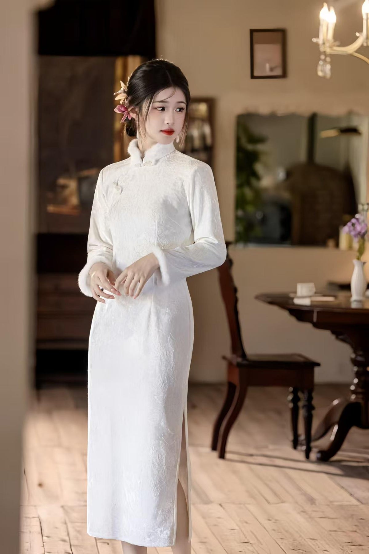 Women's Floral Qipao Cheongsam Dress – Gold Jacquard – additional product view