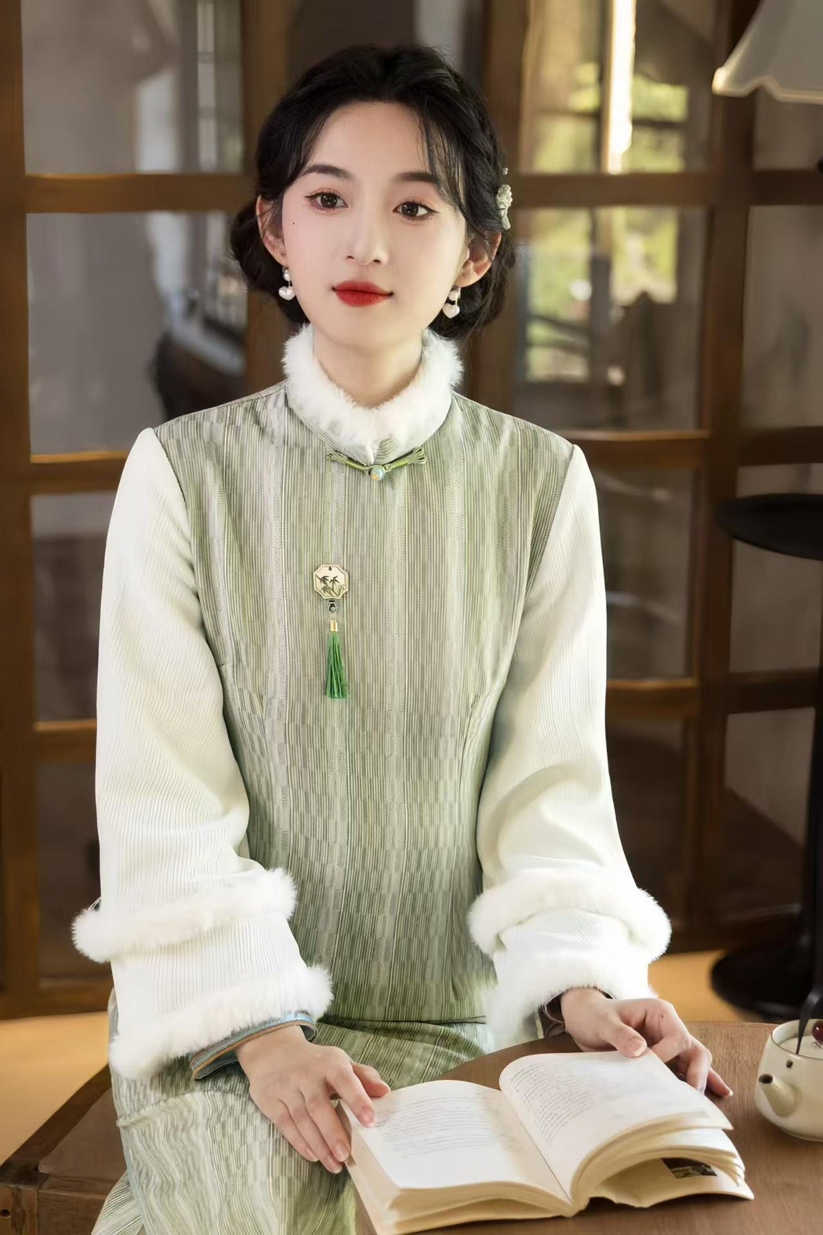 Women's Jacquard Qipao Cheongsam Dress – Striped – additional product view