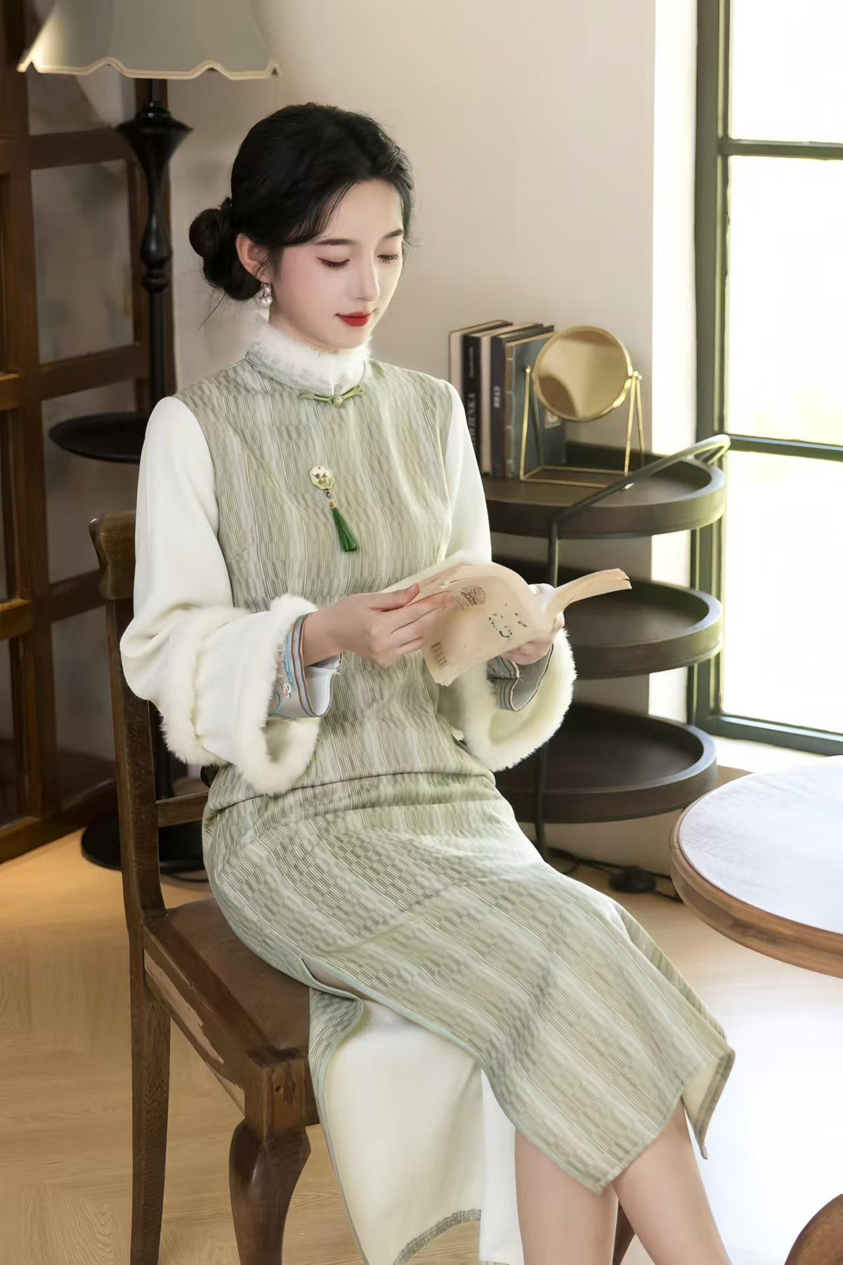 Women's Jacquard Qipao Cheongsam Dress – Striped – additional product view