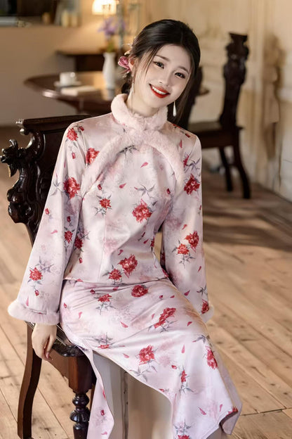 Women's Floral Satin Qipao Cheongsam Dress – Floral Embroidery Winter – additional product view