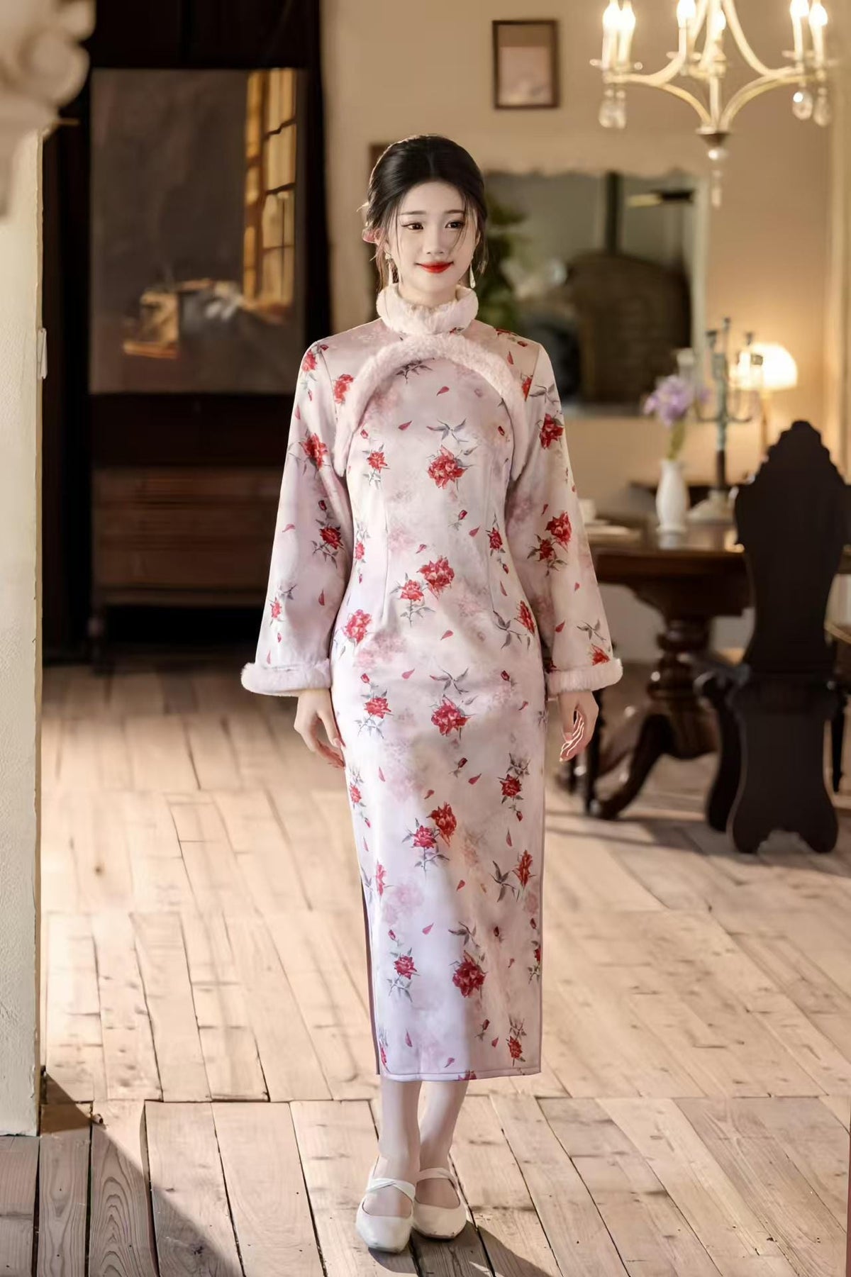 Women's Floral Satin Qipao Cheongsam Dress – Floral Embroidery Winter