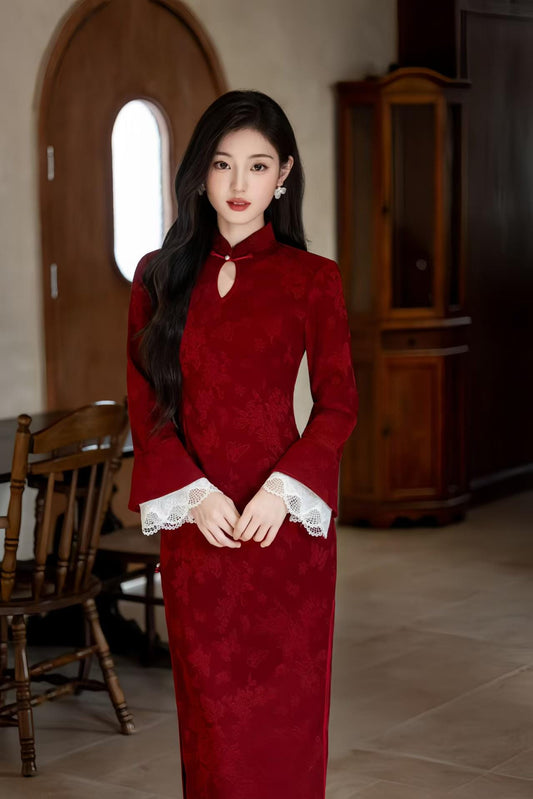 Women's Red Floral Lace Qipao Cheongsam Dress