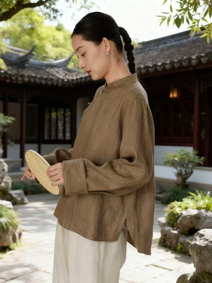 Women's Vintage Chinese Style Blouse – Linen High Collar – additional product view