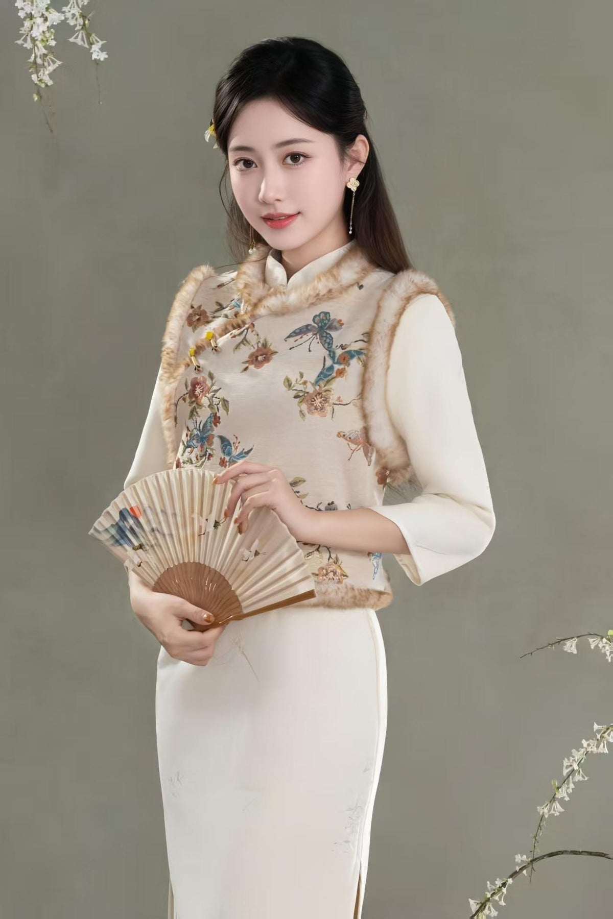 Floral Embroidered Vintage Jacquard Chinese Style Vest – additional product view