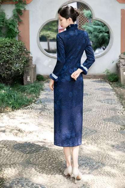 Women's Blue Floral Qipao Cheongsam Dress – Jacquard Winter – additional product view