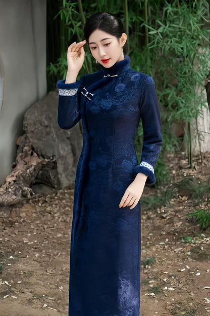 Women's Blue Floral Qipao Cheongsam Dress – Jacquard Winter – additional product view