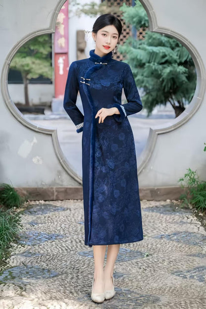 Women's Blue Floral Qipao Cheongsam Dress – Jacquard Winter – additional product view
