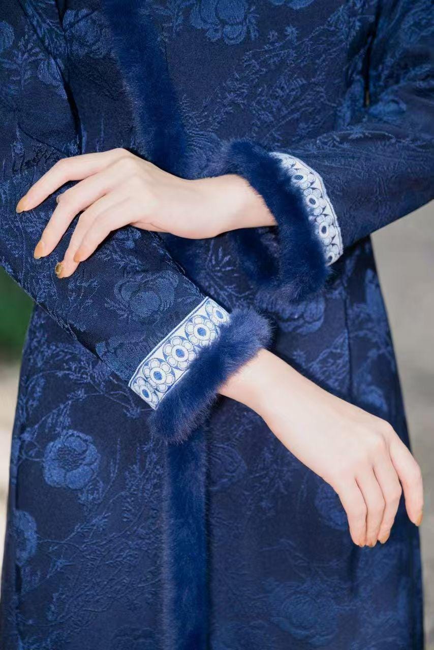 Women's Blue Floral Qipao Cheongsam Dress – Jacquard Winter – additional product view