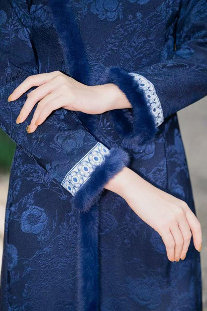 Women's Blue Floral Qipao Cheongsam Dress – Jacquard Winter – additional product view