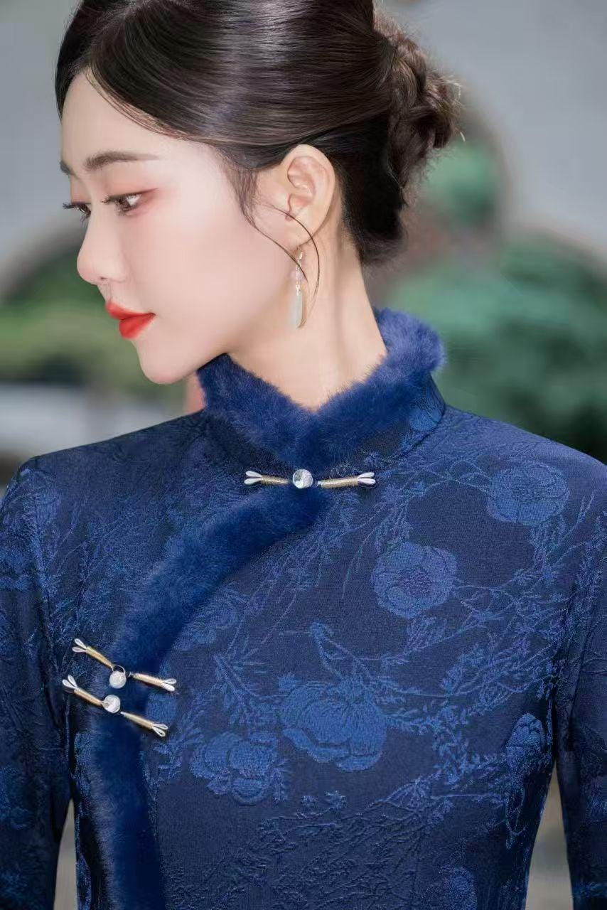 Women's Blue Floral Qipao Cheongsam Dress – Jacquard Winter – additional product view