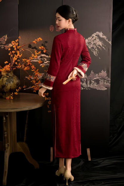 Women's Floral Qipao Cheongsam Dress – Burgundy Jacquard – additional product view