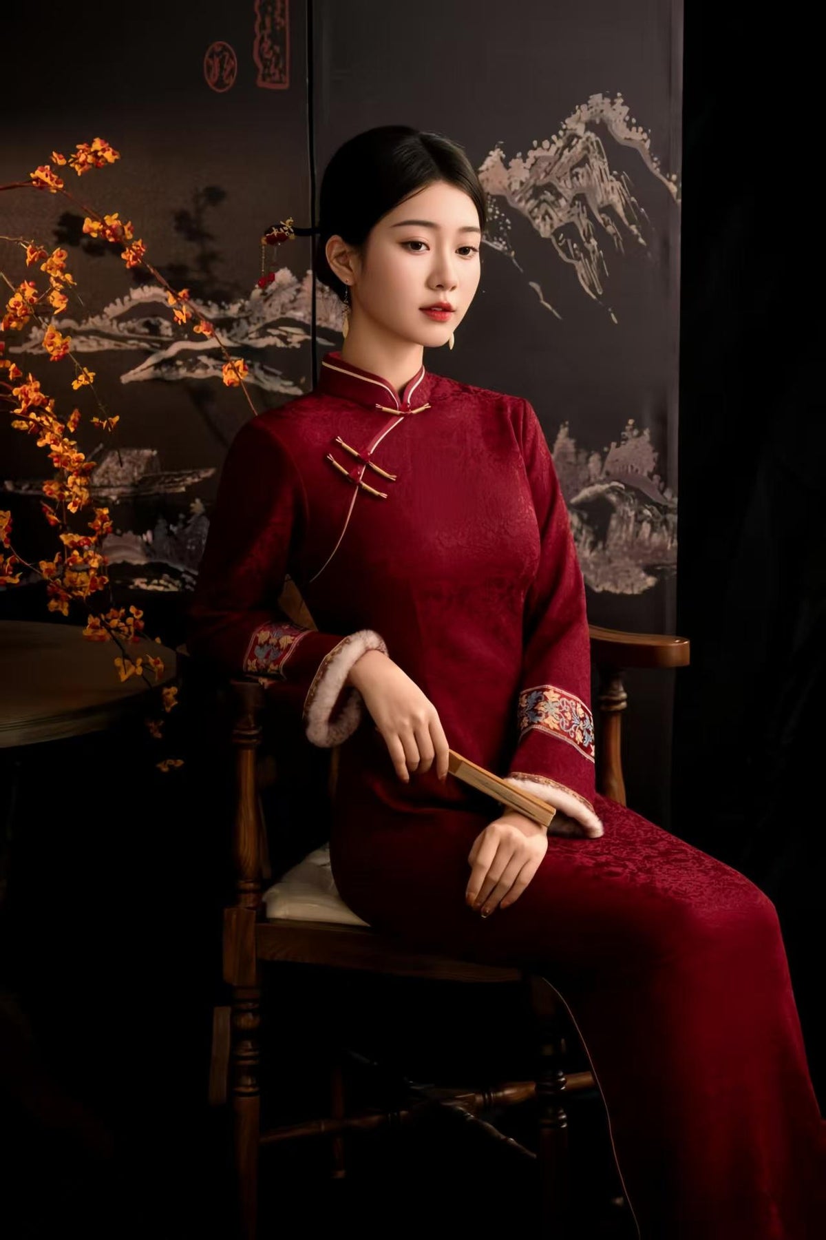 Women's Floral Qipao Cheongsam Dress – Burgundy Jacquard – additional product view