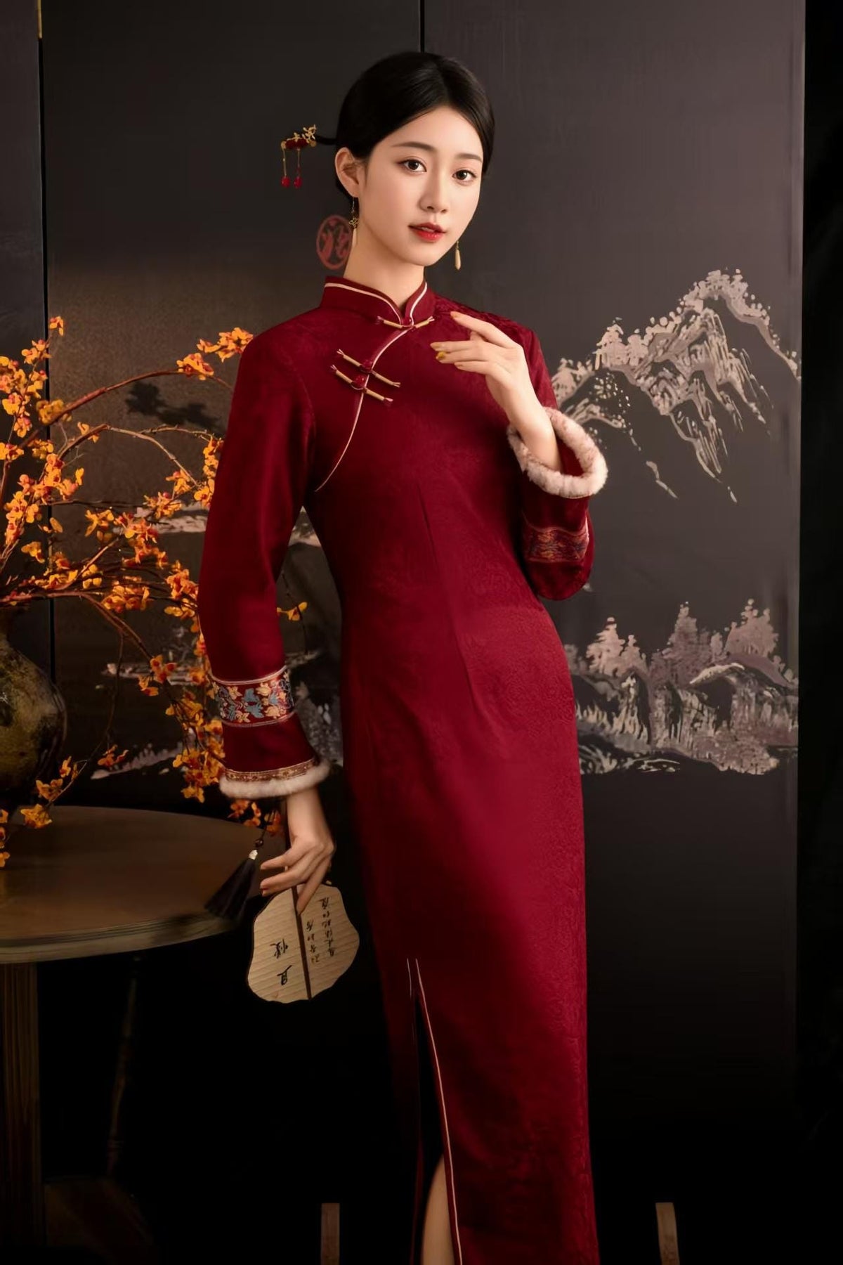 Women's Floral Qipao Cheongsam Dress – Burgundy Jacquard