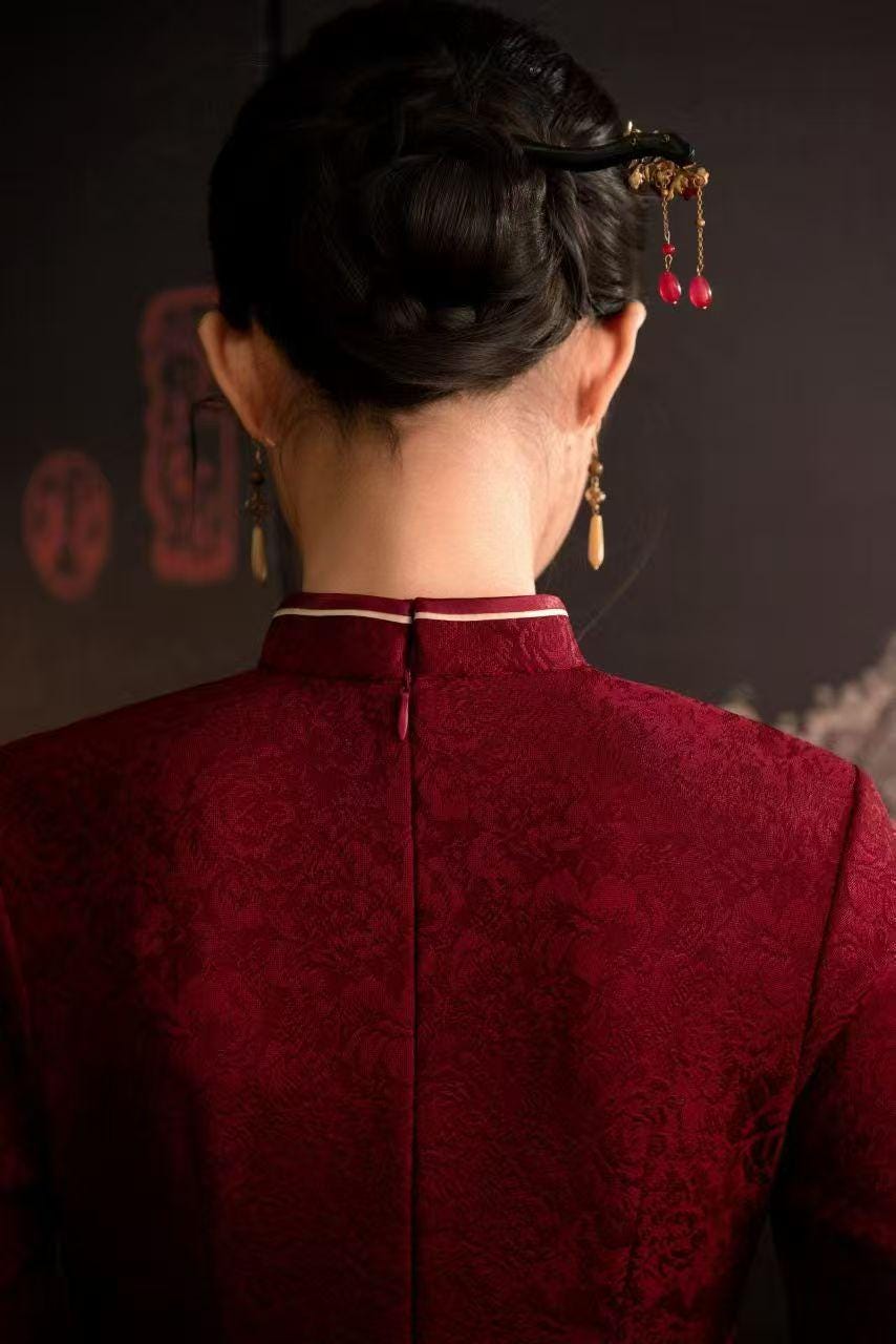 Women's Floral Qipao Cheongsam Dress – Burgundy Jacquard – additional product view
