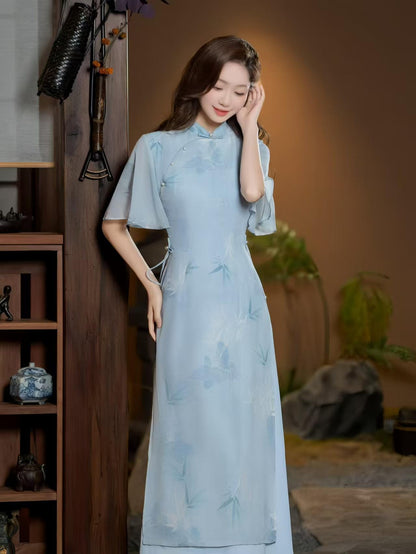 Women's Blue Floral Qipao Cheongsam Dress – Bamboo – additional product view