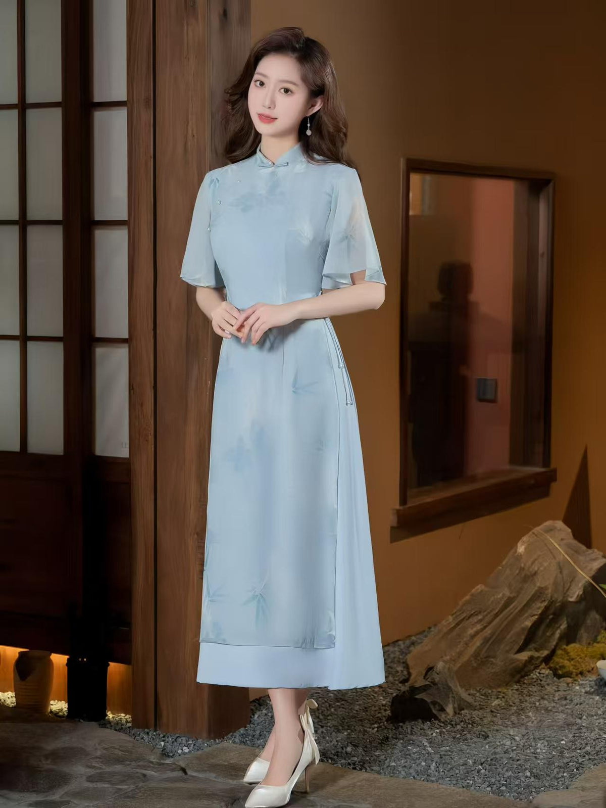 Women's Blue Floral Qipao Cheongsam Dress – Bamboo – additional product view
