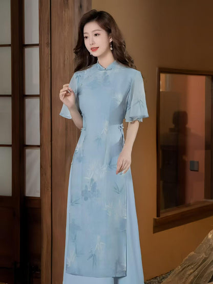 Women's Blue Floral Qipao Cheongsam Dress – Bamboo – additional product view
